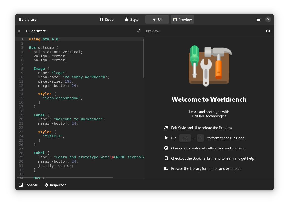 Screenshot of the app Workbench showing on the left side a Blueprint file and on the right side its preview